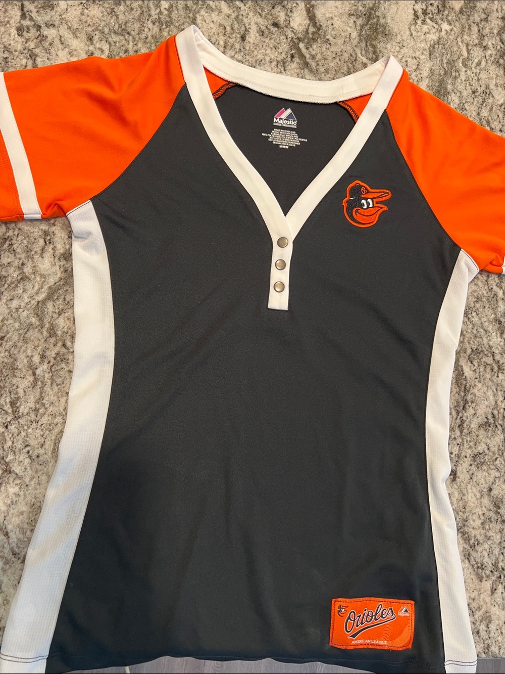 Majestic Baltimore Orioles V-Neck Henley Tee - Black, Orange, White